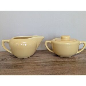 Bauer Pottery Yellow Monterey Moderne Creamer & Sugar Bowl w/Lid Vintage 1950's